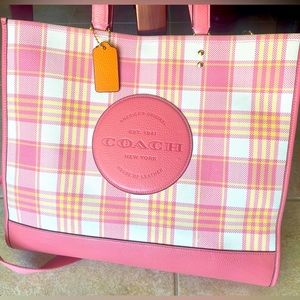 Coach Dempsey Tote Signature Jacquard Taffy Plaid Pink, White EUC